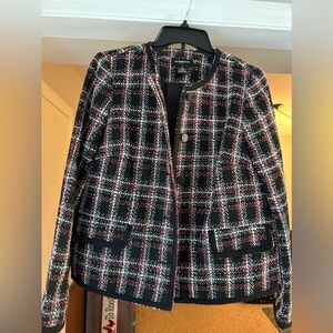 Liz Claiborne Career Blazer Lined Black Red White Plaid Tweed Woven